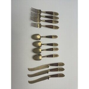 VTG 11 Pc BUDDHIST Bronze Nickel FLATWARE Fork Knife Spoon THAILAND Handcrafted